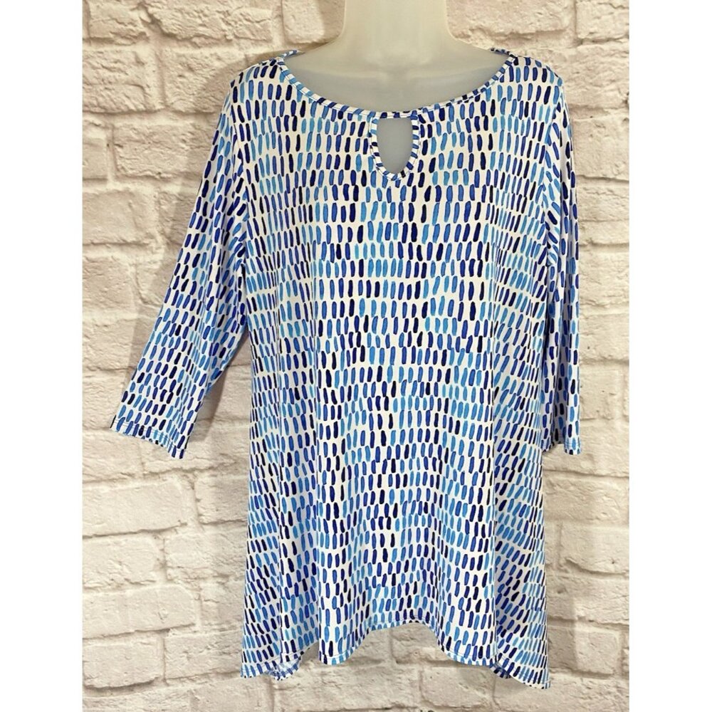 Clara Sun Woo Tunic Top Scoop Keyhole Neck 3/4 Sleeve Blue Printed Stretchy M